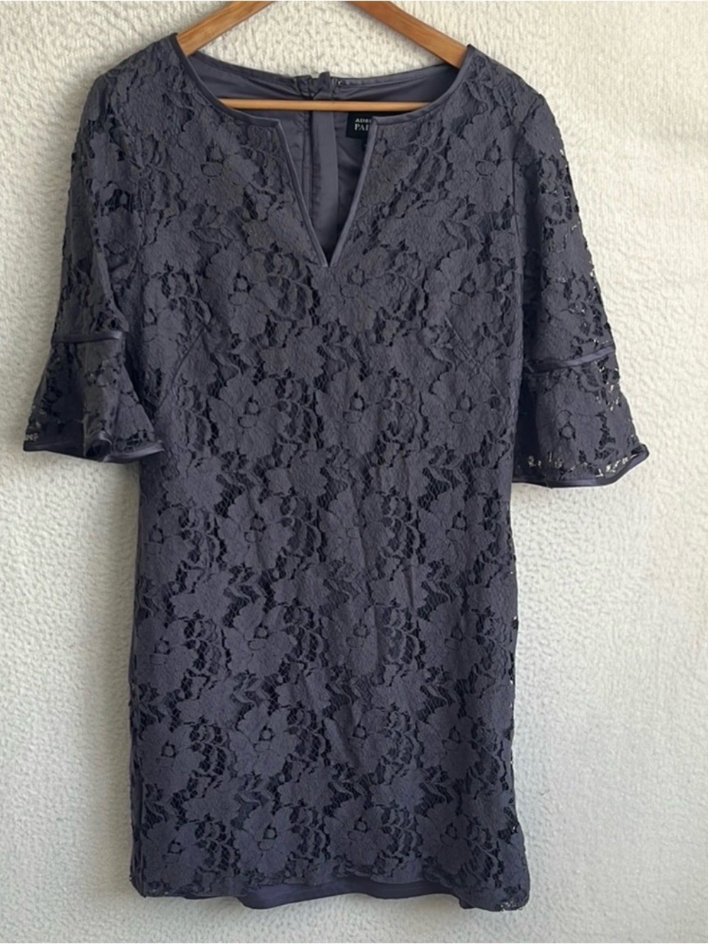 Adrianna Papell Charcoal Lace Mini Dress with V-Notch